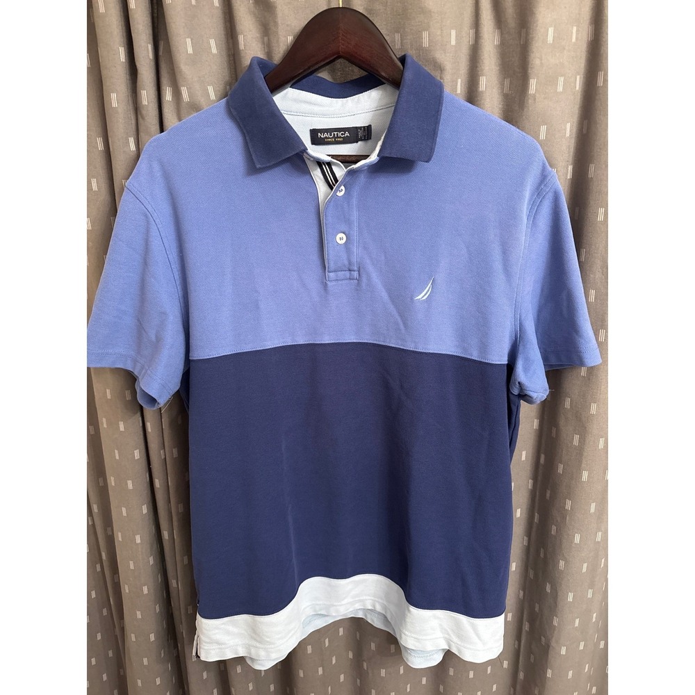 Nautica Mens Blue Colorblock Pique Short Sleeve Polo Shirt Large L Logo